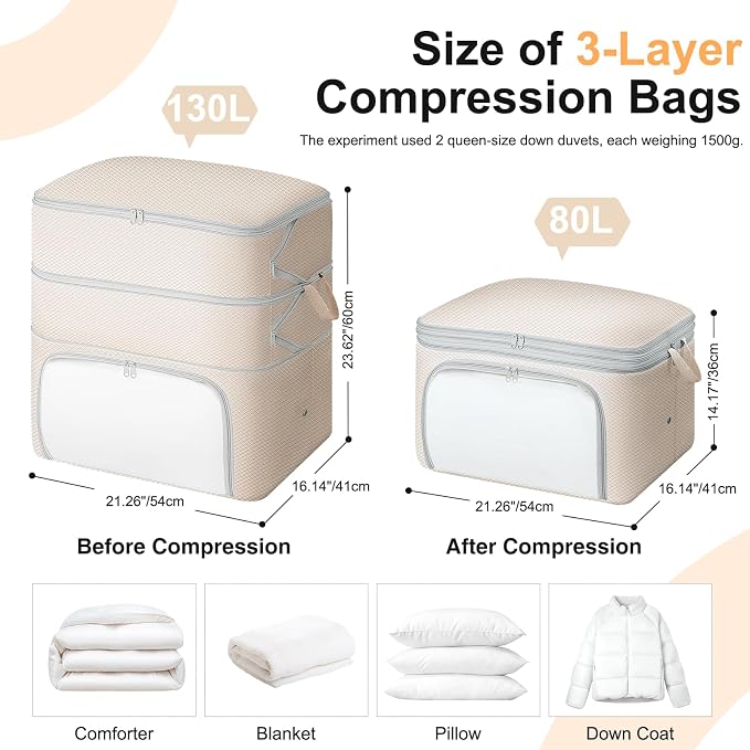 Comforter Storage Bag - 130L Blanket Storage Bags Front-opening Ultra Space Saving Self Compression Organizer, Washable Compression Bags for Storage Comforter Blanket, 2 Pack, Beige - Image 2