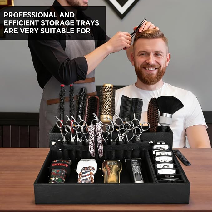 Barber Organizer Tray, 13.9 x 11.2 x 4.4 inch Adjustable Station for Clippers & Guards Scissors, Multifunctional Non-slip Barber&Salon Hair Tools Holder, with PU Leather Exterior Hairdressing Case - Image 8