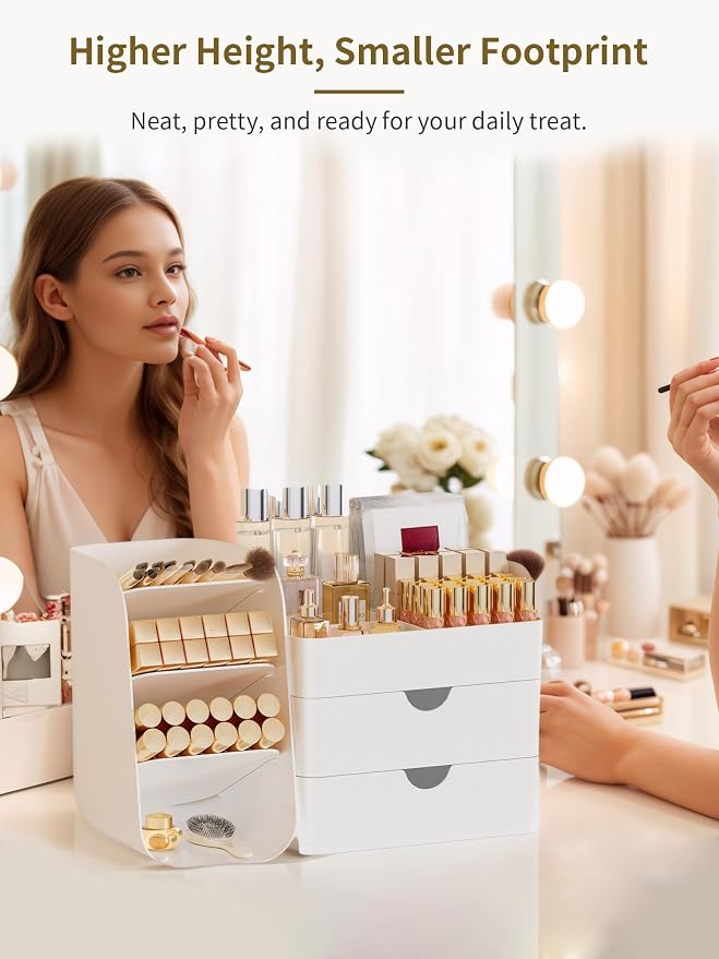 Booklov Small Makeup Organizer for Vanity and Bathroom Countertop, White | Plastic Cosmetic Display Case with Drawers, Beauty Brush Holder for Dresser Counter, Storage Skin Care Eyeshadow Lipstick - Image 4