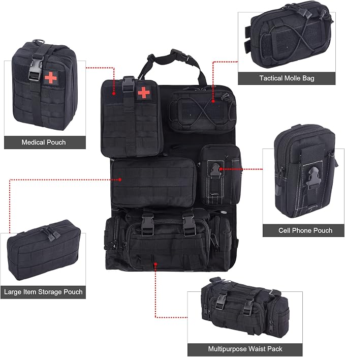 BXBXHD 6 Pack Tactical Truck Organizer Back Seat Storage Car Seat Storage Bag Molle Panels for vehicles, Car and SUV with Lots of Handy Compartments (Black) - Image 3