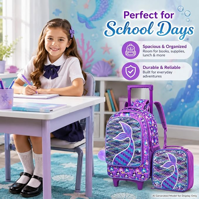 AGSDON 3PCS Rolling Backpack for Girls Boys, Kids Roller Wheels Bookbag, Wheeled School Bag with Lunch Bag - Image 9