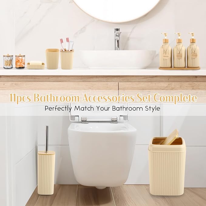 Bathroom Set 17PCS Beige Bathroom Accessories Set Bathroom Sets with Trash Can 3PCS Lotion Soap Dispenser, Toothbrush Holder,6PCS Wood Tags Bathroom Accessories for Kitchen Bathroom - Image 3