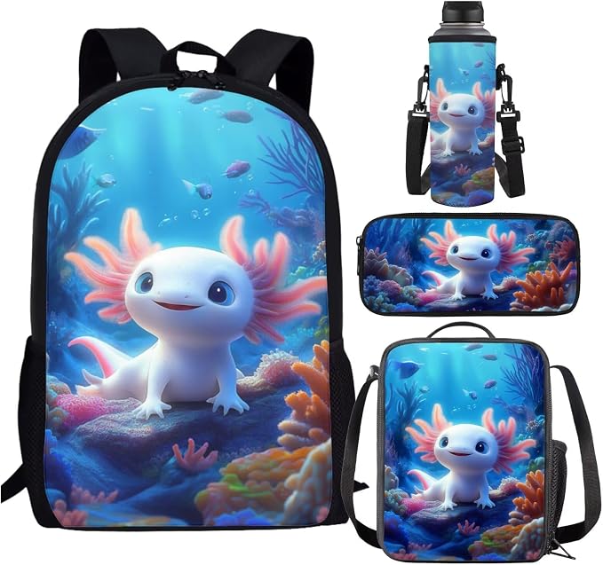 Axolotl Backpack and Lunch Box for Girls 6-8 Ocean Bookbag for 3rd Grade Under the Sea Book Bag Lunchbox Pencil Case Watter Bottle Holder 4PCS Kids Back to School Elementary Schoolbag Set by SCRAWLGODDreamWardrobe