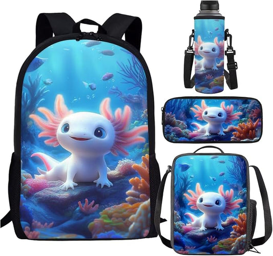 Axolotl Backpack and Lunch Box for Girls 6-8 Ocean Bookbag for 3rd Grade Under the Sea Book Bag Lunchbox Pencil Case Watter Bottle Holder 4PCS Kids Back to School Elementary Schoolbag Set by SCRAWLGODDreamWardrobe