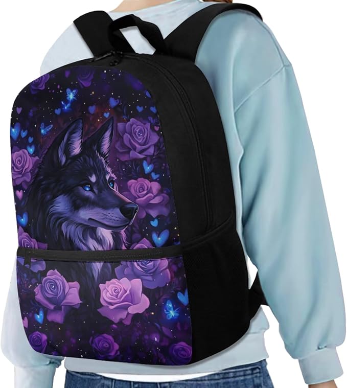 Aesthetic Wolf Backpack for Girls Kids Backpack with Lunch Box Water Bottle Holder with Strap and Big Pencil Case 4PCS Sturdy Bookbag with Front Pocket for School 17" Lightweight School Bag - Image 2