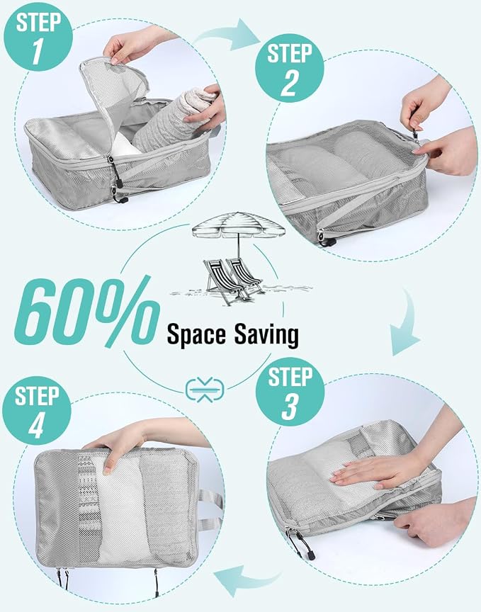 WOOMADA Compression Packing Cubes for Suitcases Travel Essentials 6 Set Rectangle Mesh Expandable Travel Bags Organizer for Luggage - Image 3