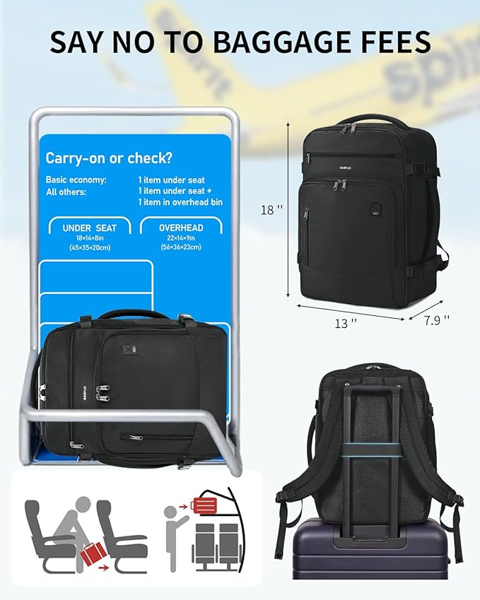ECOHUB Travel Backpack for Men, 18x14x8 Frontier Airlines Personal Item Bag with Clear Toiletry Bag, Laptop Carry on Backpack with USB Port, Airline Approved Under Seat 14 Pockets 30L, Black - Image 2
