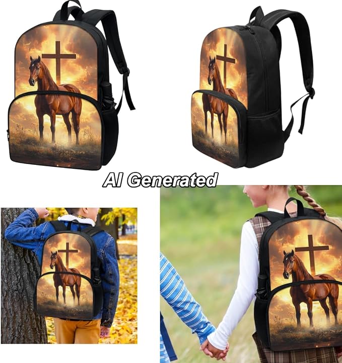 Horse Cross Kids Backpack Boys Elementary School Bags for Teens 3 Pcs Set Travel Bookbag with Lunch Bag and Pencil Case for School Supplies - Image 3
