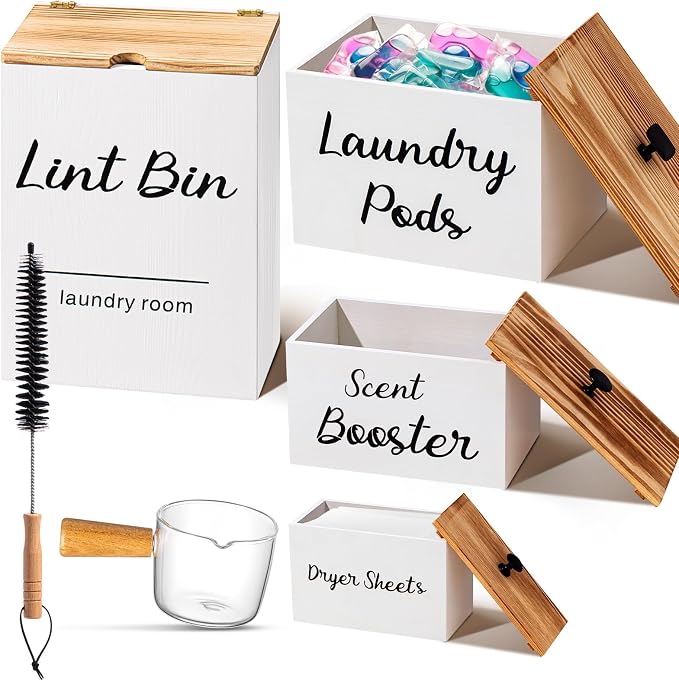 Dandat 4 Pcs Magnetic Laundry Pod Holder Laundry Room Container Set, Lint Bin with Scoop and Brush Dryer Sheet Holder, Scent Booster Container Rustic Gift Wood Farmhouse Room Decorcontainer(White) by Dandat