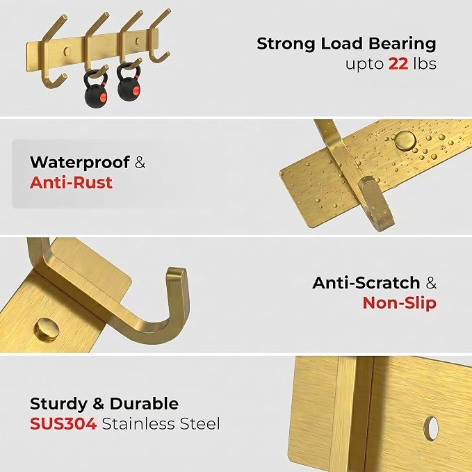 Brushed Gold Wall Mounted Coat Rack – 12 Inch Stainless Steel Rail with 4 Double Coat Hooks for Entryway, Bathroom, Bedroom, Kitchen – Modern Gold Hook Rack for Coats, Hats, Towels - Image 3