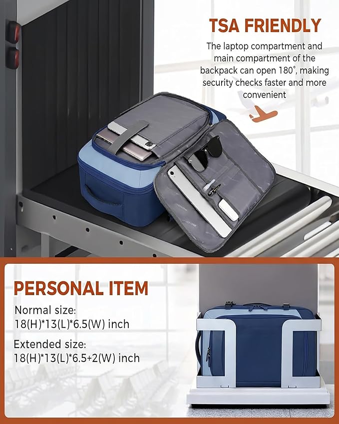 Vancropak 40L Carry On Travel Backpack, Flight Approved Expandable Weekender Bag with 3 Packing Cubes, Suitcase Backpack Fits 17" Laptop, Water Resistant Anti Theft Daypack Bag for Men Women, Blue - Image 3