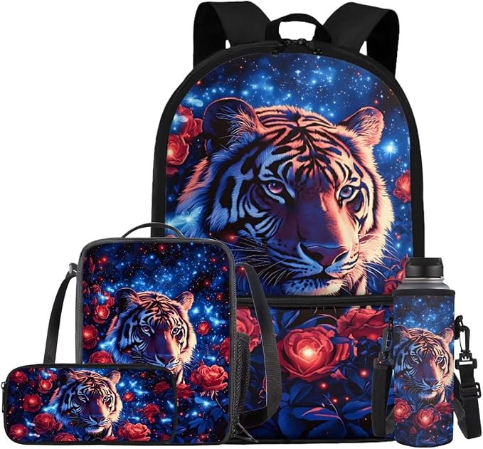 Aesthetic Tiger Backpack for Kids Girls Backpack with Lunch Box Water Bottle Carrier and Zipper Pencil Case 4PCS Set Bookbag with Front Pocket for School 17 inch Large Capacity School Bag by ELEDIZI