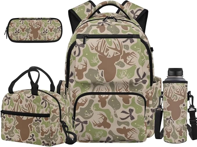 Deer Bow Camo Kids School Backpack Set 4Pcs, with Lunch Pouch | Pencil Case and Water Bottle Holder, Lightweight 600D Fabric, for Middle High School Students Daily Use by Unknown