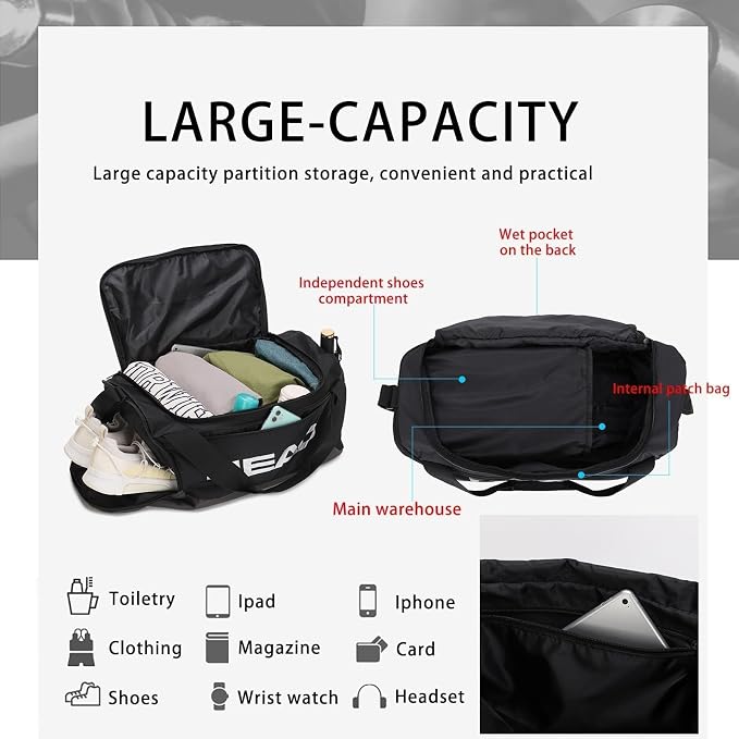 HEAD 45L Gym Duffel Bag with Separate Shoe Compartment & Wet Pocket for Men | Waterproof, Large Openning, with side pocket&inner large zipper pocekt, for Sport, Workout, Fitness, Swimming, Travel - Image 7