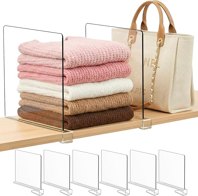 Purse Organizer for Closet Shelf Dividers: 11-inch Tall(Higher Version) Adjustable Clear Acrylic Bag Storage Organizer for Handbags, Sweaters, Towels, Jeans and Shoes on Wood Shelves 6-Pack by Saccik