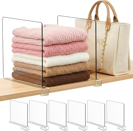 Purse Organizer for Closet Shelf Dividers: 11-inch Tall(Higher Version) Adjustable Clear Acrylic Bag Storage Organizer for Handbags, Sweaters, Towels, Jeans and Shoes on Wood Shelves 6-Pack by Saccik