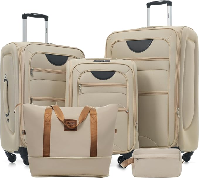 Merax 5 Piece Luggage Set,Expandable Softside Suitcase Set.Khaki | Carry-On Luggage Included,Durable and Lightweight Travel Suitcase Set with Spinner Wheels and TSA Lock.22"/26"/30" by Merax