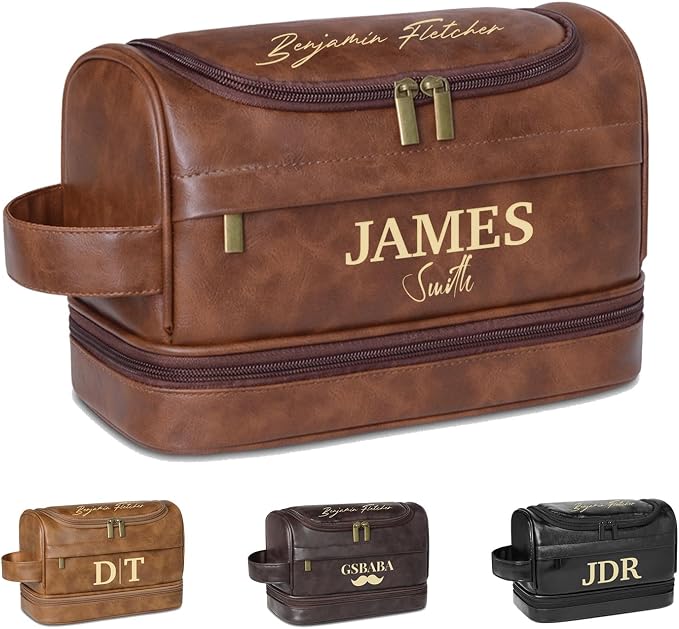 Personalized Leather Toiletry Bag, Brown, Three Layer Structure, Waterproof, Customizable Name Engraving, Travel Organizer for Men, Multi-Occasion Gift (UK2001) by Handmade