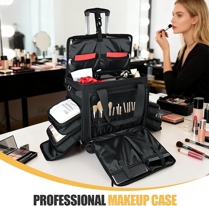 Rolling Makeup Train Case Rolling Cosmetic BagRolling Medicine Bag with 4 Removable Bags, with Brushes Storage Section. with Detachable Dividers (Patent Design)(Black) - Image 7