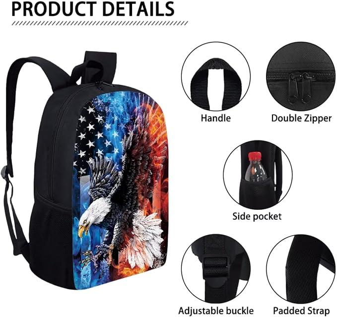 Fire and Ice Eagle American Flag Print 3Pcs School Bag Backpack Set for Teen Girl, 4th of July Kids Bookbag Durable Lightweight Knapsack with Lunch Box Pencil Case, Large School Bookbag Set - Image 4