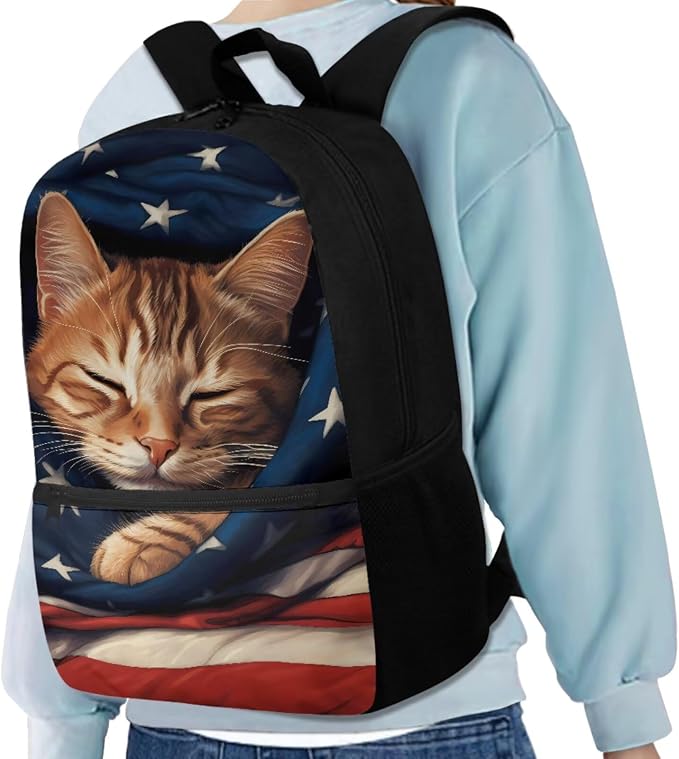 American Flag Cat Backpack for Girls Boys Backpack with Lunch Box Water Bottle Holder and Soft Pencil Pouch 4PCS Set Cute Bookbag with Front Pocket for School 17 inch Large School Bag for Kids - Image 2