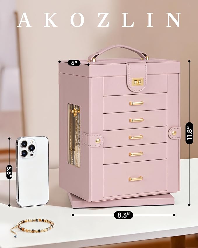 AKOZLIN 6-Tier Jewelry Box Organizer Functional 5 Drawers Leather Jewelry Storage Case for Women Girls Ring Necklace Earring Bracelet Holder Organizer with Mirror Pink 360° Rotating - Image 2