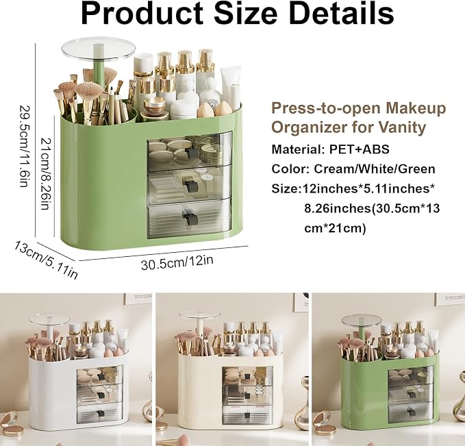 DASITON Makeup Organizer with 3 Drawers,Automatic Lifting Makeup Brush Holder with Lid,Large Capacity Makeup Organizers for Vanity,Bathroom Countertop,Ideal Storage Skin Care,Brushes,Lipstick (Green) - Image 6