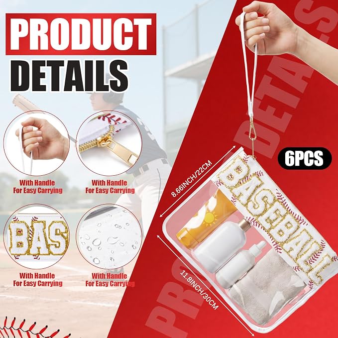 6 Pcs Baseball Gifts White Chenille Letter Makeup Bags Nylon Clear Cosmetic Bags Toiletry Zipper Pouch Travel Purse for Sports Women Party Holiday Favor - Image 2