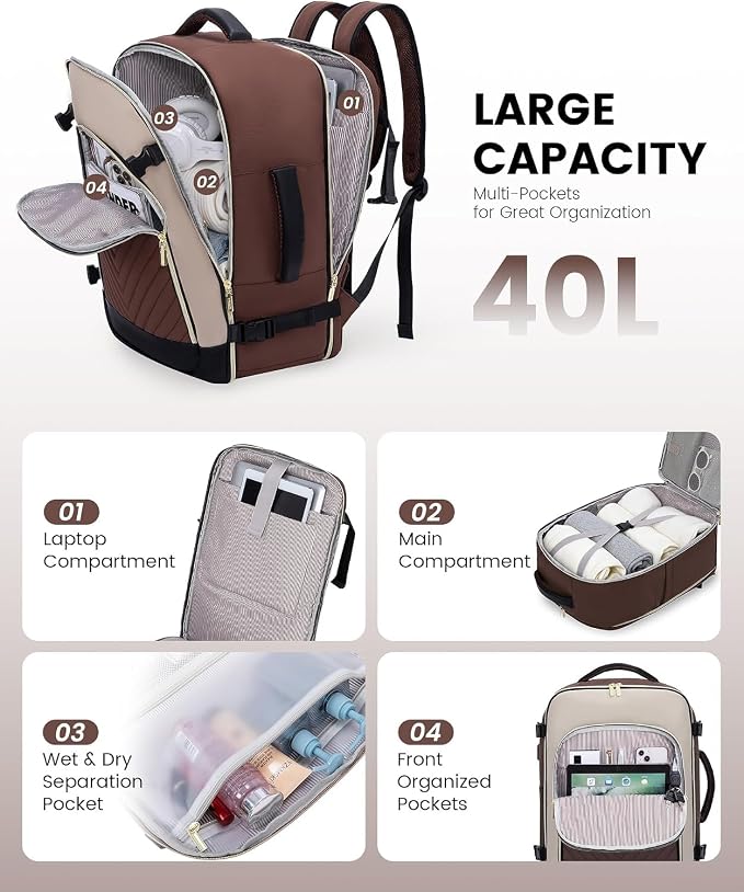 LOVEVOOK Large Travel Backpack for Women, TSA Carry on Backpack for Airplanes, 40L Personal Item Travel Bag for Women fits 17" Laptop,Waterproof Carry on Bag Airplane Approved with 3 Packing Cubes - Image 3
