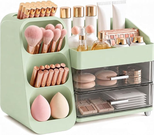 Makeup Organizer with Drawers,Large Capacity Countertop Organizer for Vanity,Bathroom and Bedroom Desk Cosmetics Organizer,Easy To Storage Skincare,Brushes,Lotions (Green) by KQJS