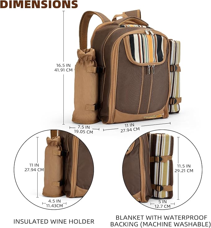 apollo walker Picnic Backpack Bag for 2 Person with Cooler Compartment, Detachable Bottle/Wine Holder, Fleece Blanket, Plates and Cutlery(2 Person, Brown) - Image 4