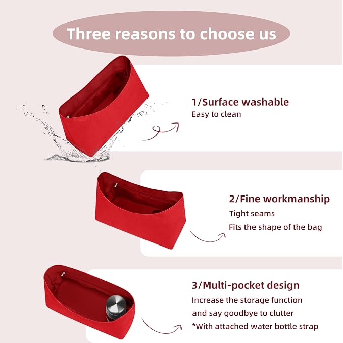 Lightweight Bag Insert, Waterproof Surface and Silky Satin Interior, Fits Geyard Bohème Hobo (Red, With Zipper and Bottle Holder) | Bottle Holder and Side Zip, Smooth Satin Interior, Easy-Care Outer Surface, Multiple Color Options, Structured Yet Flexible - Image 3