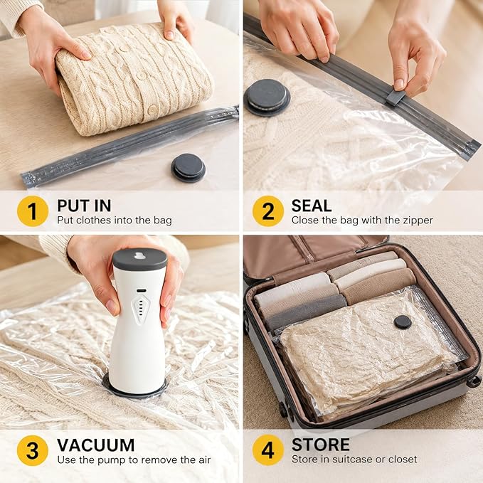 16 Pack Vacuum Bags for Travel with pump Vacuum Storage bags for clothing | Rechargeable Inflation & Deflation Dual Use Reusable Space Saver Bags cordless travel vacuum bag set for Luggage and Suitcase - Image 6