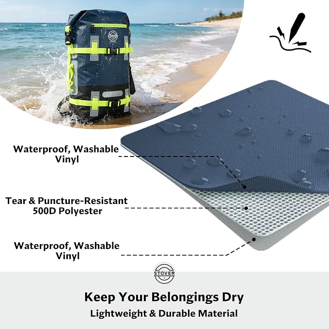 STOVER 40L Waterproof Dry Backpack & Phone Case - X-Large Floating Dry Bag for Kayaking, Travel, Hiking, Fishing, Camping, Motorcycles & Beach, Heavy-Duty Roll Top Men/Women (Navy Blue/Black/Green) - Image 3