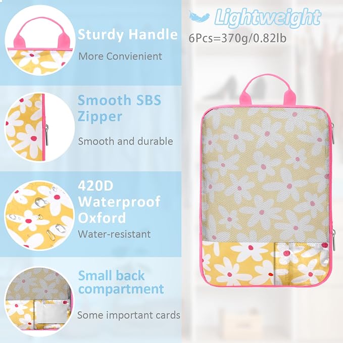 7 Piece Daisy Flower Compression Packing Cube Bundle | Slim Design, Multi-Size Luggage Organizers, Travel Essential Bag for Clothes, Shoes, Cosmetics & Toiletries, Multi - Image 4