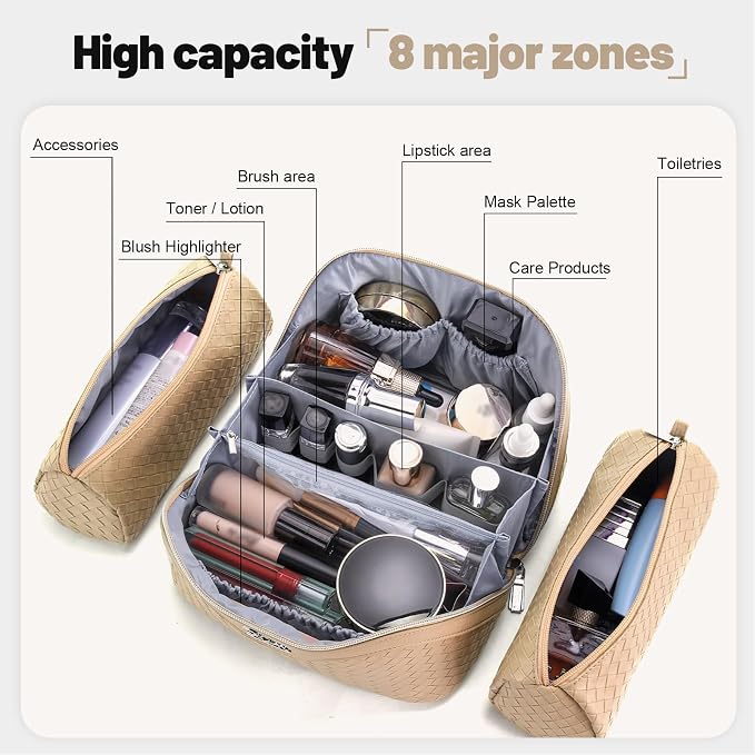 BOYATU Travel Makeup Bag Cosmetic Bags for Women: Large Capacity 3 Pcs Set Make up Bag with Compartments - Waterproof Vegan Leather Toiletry Organizer Bags with Handle (L12 Apricot) - Image 4