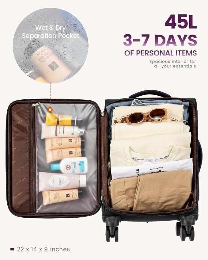 LOVEVOOK 5 Pcs Carry On Luggage 22x14x9 Airline Approved with 40L Laptop Travel Backpack, 20 Inch Carry On Suitcases with Wheels, Rolling Suitcase for Women Men, with TSA Lock Weekender Luggage - Image 4