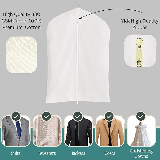Premium 100% Cotton Garment Bags – 40" Off-White Canvas Suit Cover with YKK Zipper – Moth Protector, Breathable, Machine Washable, Cover for Coats, Dresses, Jackets & Travel - Image 3
