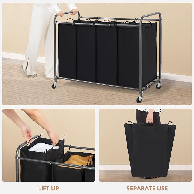 STORAGE MANIAC Laundry Sorter 4 Section, 47.5 Gal (180 L) Laundry Hamper with Wheels, Clothes Divider Basket Sorter, Separator Hamper Cart with Removable Bags, Black - Image 4