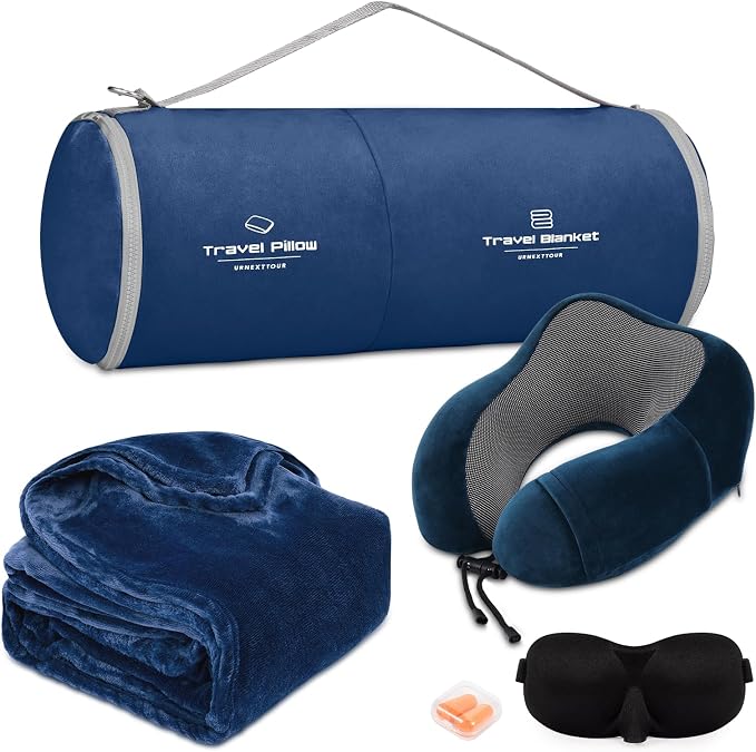 urnexttour Travel Pillow and Blanket Set Neck Pillows Travel Essentials with Sleep Mask for Airplane Car Memory Foam Blue by Urnexttour