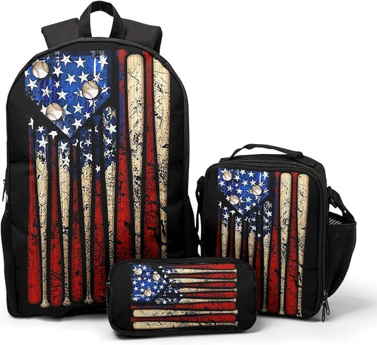 Giwawa American Flag Baseball School Backpack Set Lightweight Teen Girls Women Kids School Bags College Bookbag with Lunch Bag by Giwawa