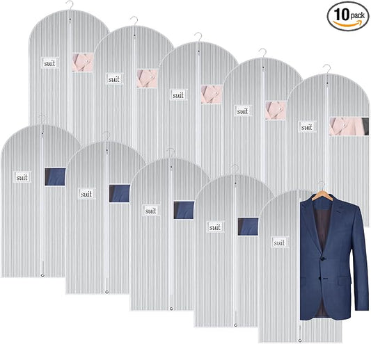 Univivi Suit Bags for Closet Storage and Travel, 40 Inch, 10 Pack, White | Non-woven fabric, Breathable Suit Cover, Dustproof Hanging Storage Bag, Clear Window and ID Card Holder for Closet Storage by Univivi