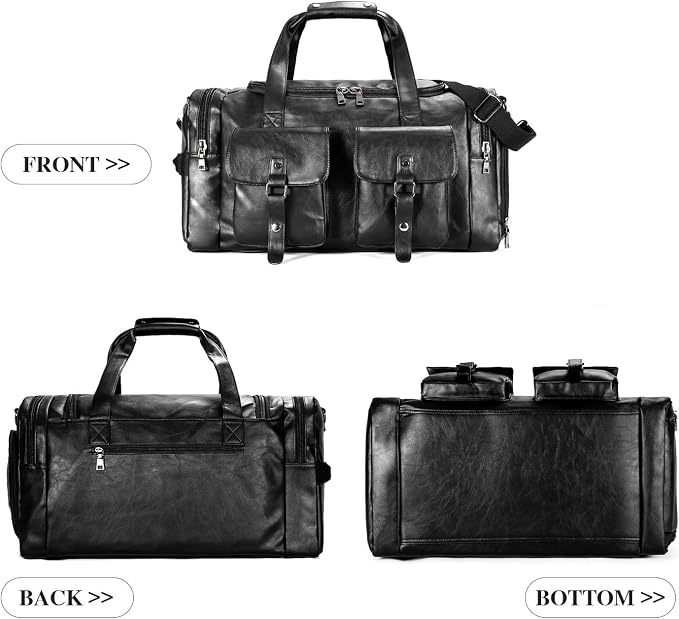 Zeroway Travel Duffel Bag with Shoe Pouch, PU leather Carry on Bag Weekender Overnight Bag for Men Women Black - Image 5