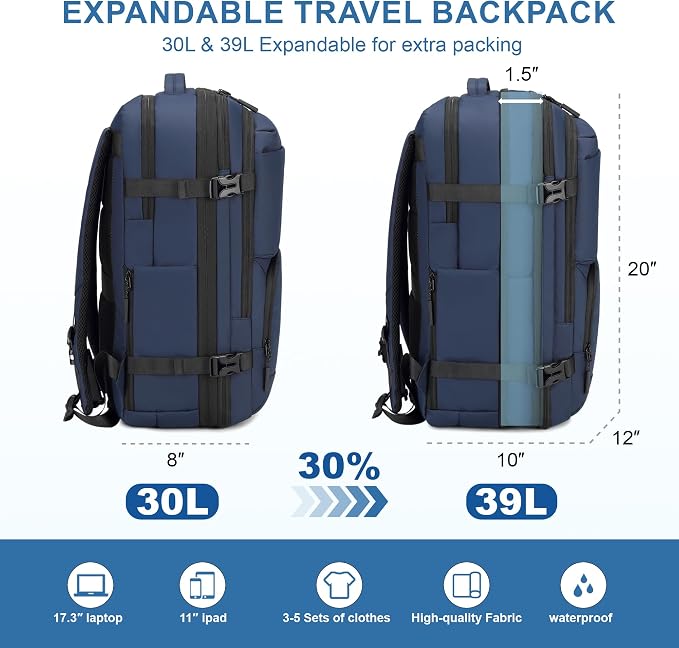 BAGOK Carry On Travel Backpack, 35L-40L Expandable Extra Large Airline Approved,Lightweight Daypack for Men and Women（Blue） - Image 2