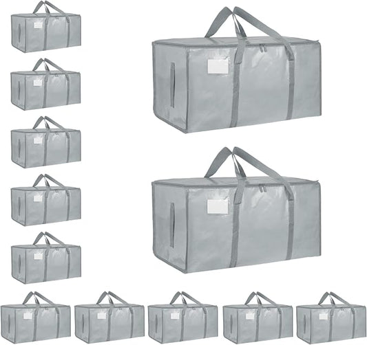 12 Pack-Extra Large Heavy Duty Moving Bags - Waterproof Storage Totes with Handles & Zippers, Foldable for College Dorm, Storage (light gray) by Unknown