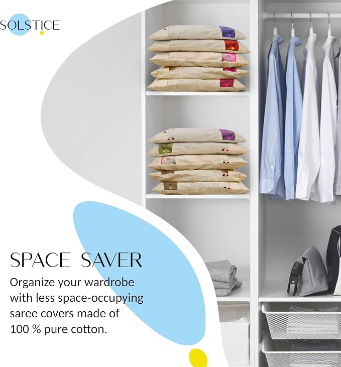 SOLSTICE Cotton Saree Cover/Saree Bags/Clothes Covers (Set of 24) big size of 16 x 14 (inches) for Clothes Storage bag, Travelling, Wardrobe Organizer with Mesh/Window (24),Off-White - Image 7