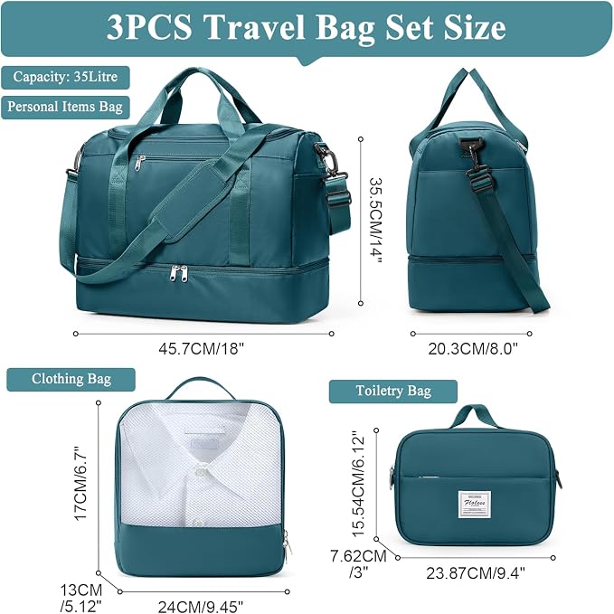 Travel Duffel Bag, Carry-On Overnight Weekender Bags with Shoes Compartment | For Spirit Airlines 18x14x8 Personal Item Bag,Wet Pocket,3 Pcs Set,Small - Image 3