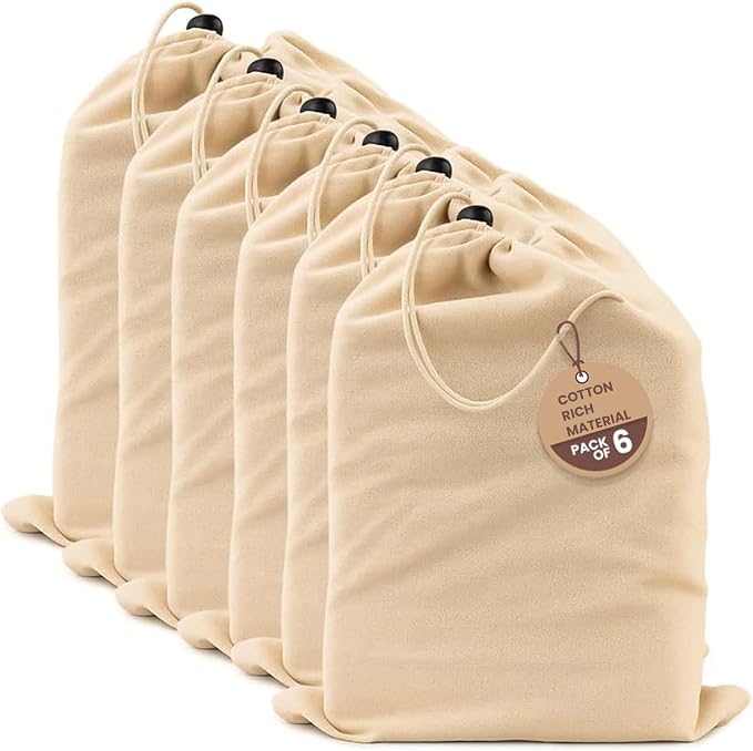 LFH Cotton Rich Shoe Storage Bags with Drawstring, Dustproof Breathable Reusable Organizer, Perfect For Travel, Dorm, Hotel, College, Gym, Easy to Carry, Machine Washable 12"x17" (Pack of 6) - Natural by LFHHomePrivateLimited