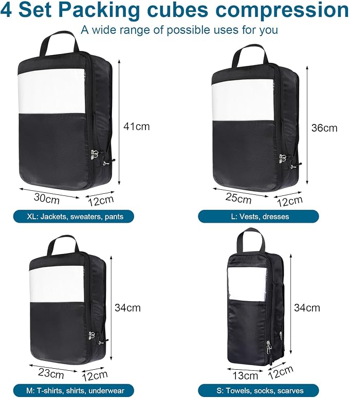 Cozary Suitcase Organizer - Packing Cubes Set with Compression and Waterproof Polyester Fabric, Travel Underwear Set for Backpacks or Hand Luggage, Perfect for Travel and Camping - Black - Image 4