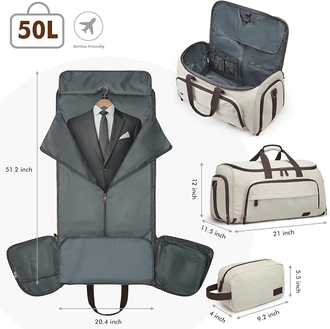 S-ZONE Garment Bag for Travel Convertible Duffle Bag Suit Bag for Men Women | 2-in-1 Hanging Suitcase, with Toiletry Bag, Wet/Dry Pockets, Shoe Compartment, Trolley Sleeve, Carry-on size, Beige - Image 3